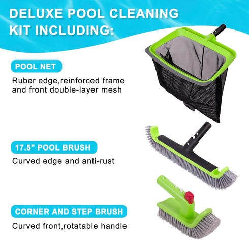 Swimming Skimmer Net,17.5" Sepetrel Deluxe Pool Cleaning Kit Including Rubber Edge Pool Brush Head & Hand Scrub
