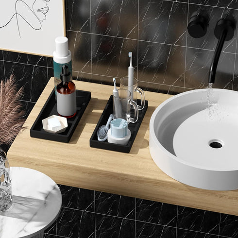 BBK Bathroom Vanity Tray 7.8 in - 2 Pack(Small) Silicone Bathroom Tray for Counter, Perfume Key Trinket Ring Tray, Decor Soap Dispenser Countertop Tray for Kitchen Sink Organization (Black) by BBK