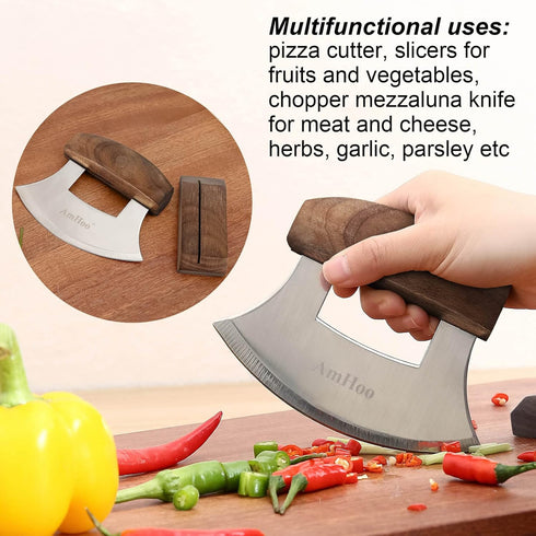 AmHoo Pizza Cutter Chef Mezzaluna Ulu Knife Handle Walnut Wood Grip Sharp Rocker Slicer Stainless Steel Blade Salad
