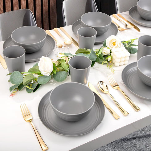 LIYH 36pcs Grey Wheat Straw Dinnerware Set - Reusable Plastic Plates and Bowls, Dishwasher Safe