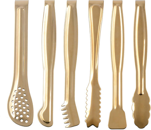 Gold Plated Mini Serving Tongs Set, 6-Inch Stainless Steel Appetizers Tongs, Set of 6