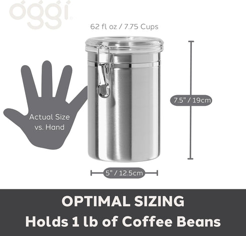 62 oz 5" 7.5". Oggi Stainless Steel Kitchen Canister fl - Airtight Clamp Lid, Clear See-Thru Top - Ideal for Kitchen