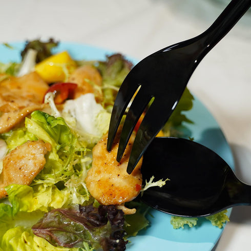 Plastic Serving Utensils Set, 18 Piece, 9" Black Cutlery for Parties and Events