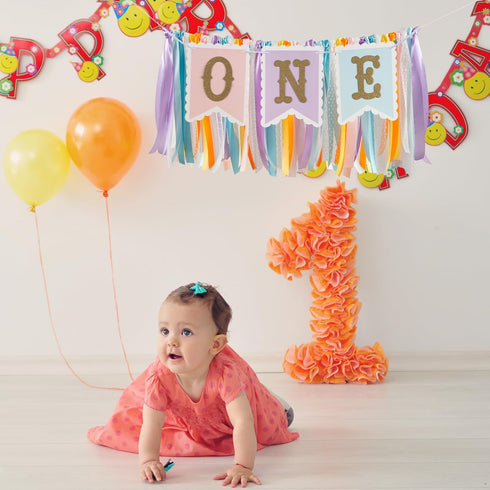 Q&High Life 1st Rainbow High Chair Banner for Birthday - Macaron Color "ONE" Garland with Tulle for Baby Girl Smash