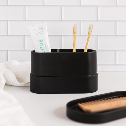 Countertop, 2 Matte Black Large Toothbrush and Toothpaste Holder and Cup for Bathroom Vanity and Compartment Organizer