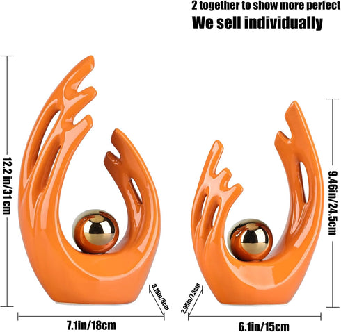 9.5"H Orange Gold Aesthetic Room Decor Accent, TV Stand Funky Table Centerpiece, Abstract Art Ceramic Statue