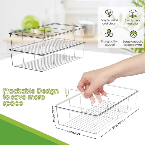 Clear Pantry Organizer Storage Bins, 2 Packs Plastic Removable Snack Organizer with 3 Dividers for Kitchen Cabinets