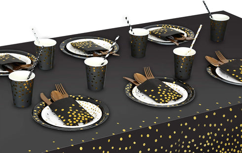 Gexolenu 4 Pack Black and Gold Plastic Tablecloths, 54" x 108" for Rectangle Tables, Party Covers for Graduation
