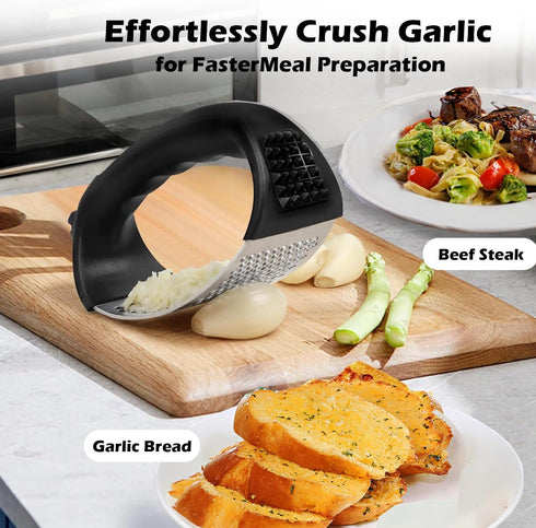 SetStainless Garlic Press Rocker Steel Garlic Mincer Tool with Garlic Peeler and Cleaning Brush Kitchen Gadgets