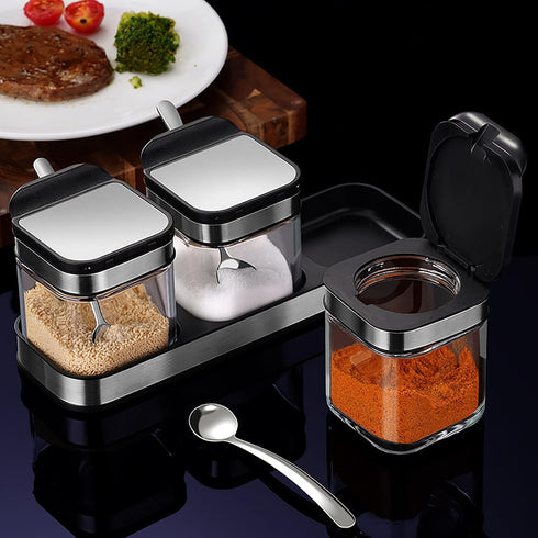 304 Set 3 Counter, Condiment Jar Spice Container with Stainless Steel Lids and Spoons,Clear Glass Condiment Canisters