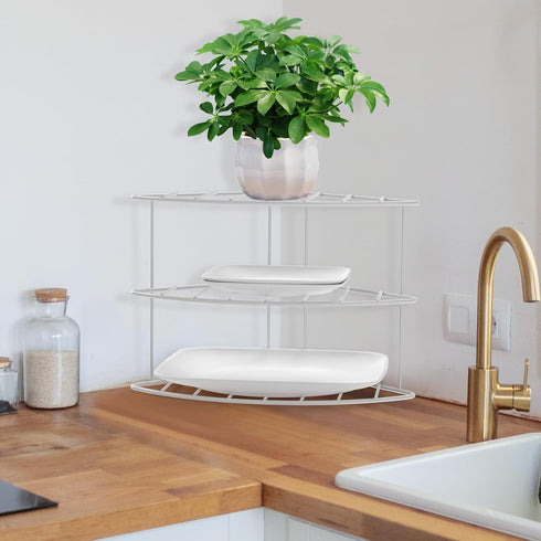 yaenoei 3-Tier Kitchen Corner Shelf Organizer, Cabinet & Countertop Storage for Plates, Cups & Bowls (White)