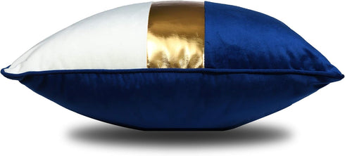 Navy Blue Beige Gold Leather Patchwork Velvet Throw Pillow Cover, Set of 2 Luxury Modern Home Decor Cushion Cover 12x20