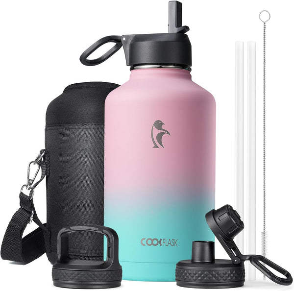 Water Bottle Insulated 64 oz with Straw & 3 Lids, Coolflask Half Gallon Metal Jug, Non-BPA