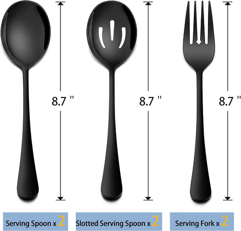 Homikit Stainless Steel 2 Black Serving Spoons, 2 Black Slotted Serving Spoons, 2 Black Serving Forks, Metal Buffet Party Banquet Restaurant Catering Serving Utensils, Mirror Polish, Dishwasher Safe by Homikit