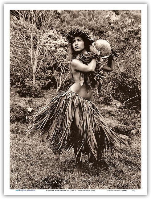 Hawaiian Hula Dancer Ipu (Gourd Drum) IV - Vintage B&W Photograph by Alan Houghton c.1960s - Master Art Print 9in x 12in
