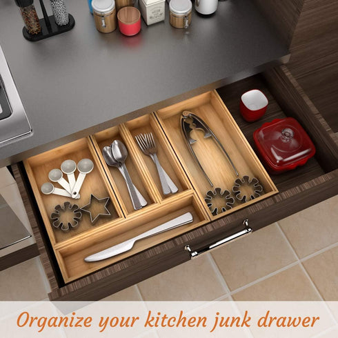 Utensil Organizer Silverware Drawer Caddy, Stackable Bamboo Flatware Holder for Kitchen and Office