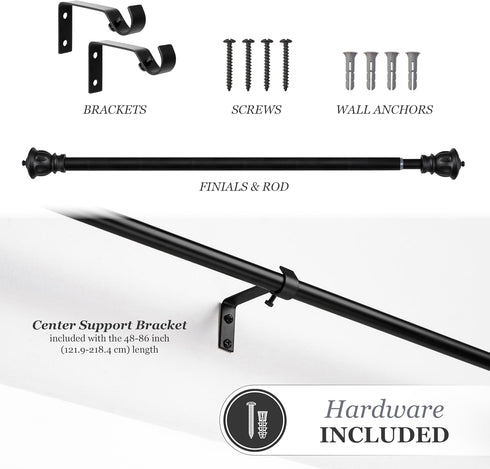 Kenney Kiera Crown Adjustable Curtain Rod, 28 to 48 Inches, Extendable Set, Matte Black