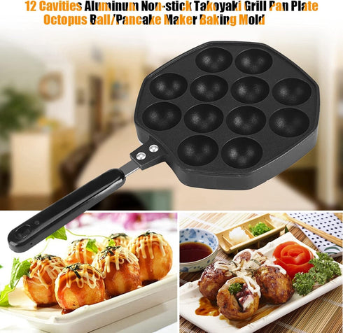 Home 12 Cavity Octopus Grilling Pan, Kitchen Non Stick Pancake Maker, Professional Baking, Suitable for Takoyaki, Round Pancakes, Dessert Cakes