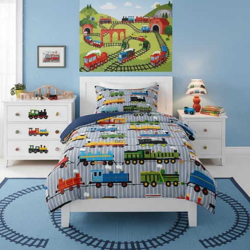 Set Sets 2Pcs,Gray, Erosebridal Boys Comforter Toddler Size Train Bedding, Colorful Steam Engine Truck Bedding