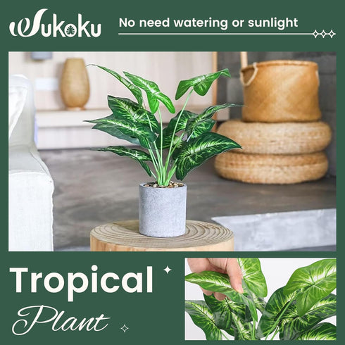 16" Small Fake Plants - Artificial Tropical Faux Plants for Indoor Desk Decor, Sage Green