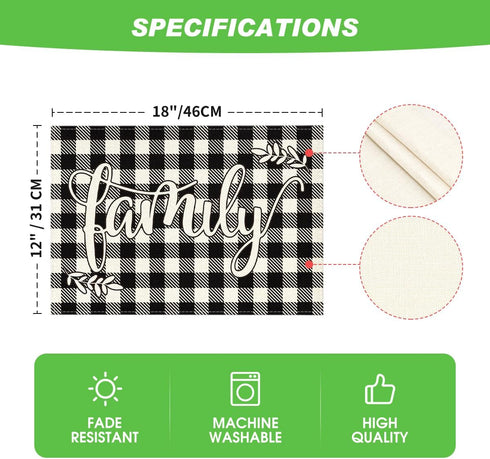 Artoid Mode Love Family Together Home Buffalo Plaid Placemats for Dining Table, 12 x 18 Inch Set of 4 Holiday Vintage