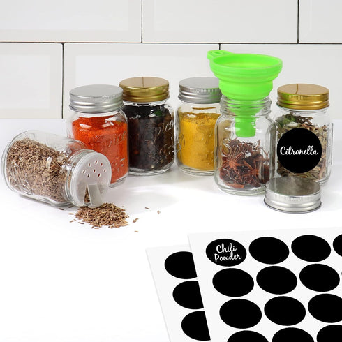 CycleMore 15 Pack 4oz Glass Mason Spice Jars with Silver Metal Caps, Pour/Sift Shaker Lids, 40 Labels, Funnel, Brush,