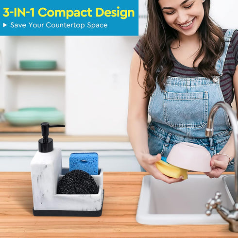3 1 Countertop Dish Soap Dispenser with Sponge Holder,White Marble Look Liquid Hand and Dish Soap Dispenser and Spong