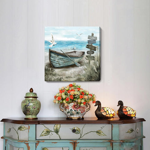Bathroom Wall Art Coastal Décor, Nautical Boat on Beach Canvas Picture, Ocean Seagull Seascape Artwork for Living Room