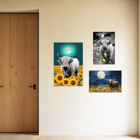 ZXHYWYM Highland Cow Canvas Wall Art, Black and White Cattle and Full Moon Pictures for Home Decor Framed 12" x 18"