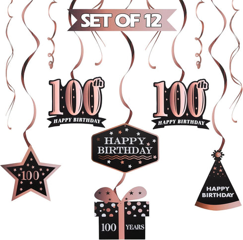 LINGTEER Happy 100th Birthday Decorations, 12 Pcs Black & Rose Gold Foil Swirls Streamer Set for 100 Years Old