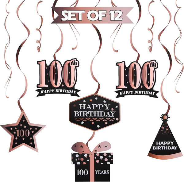 LINGTEER Happy 100th Birthday Decorations, 12 Pcs Black & Rose Gold Foil Swirls Streamer Set for 100 Years Old