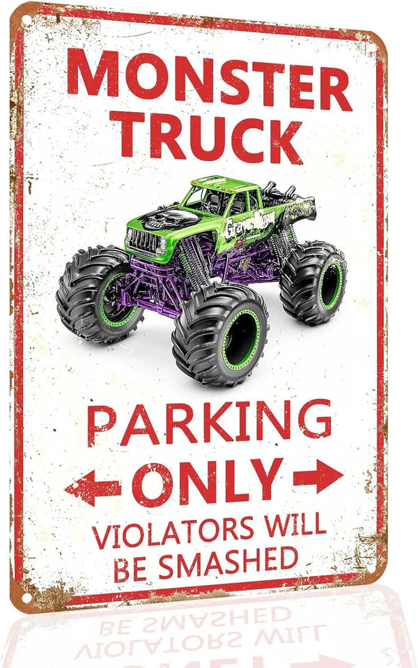 Jinfuteng Monster Truck Parking Only Metal Sign, Boys Bedroom Monster Truck Parking Wall