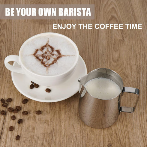 Milk Frothing Pitcher, Thicker Version 20oz Stainless Steel Steaming Pitchers, Barista Tools with Decorating Pen