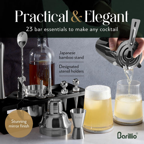 Barillio Silver Bartender Kit - Stainless-Steel Cocktail Shaker Set with Black Bamboo Stand - 23-Pc Mixology Bar Tools