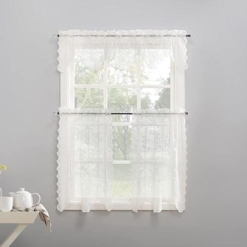 No. 918 Alison Floral Lace Sheer Rod Pocket Kitchen Curtain Tier Pair, 58" x 36", Ivory Color