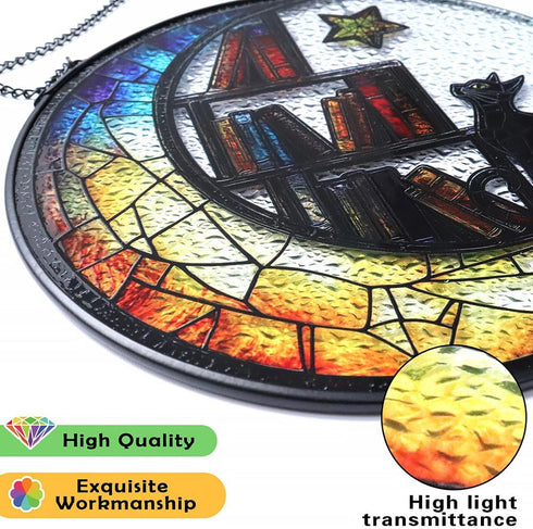 Iznomo Cat Suncatcher - Sun Catchers Indoor Window, Celestial Stained Glass Window Hanging Decor with Star & Bookshelf