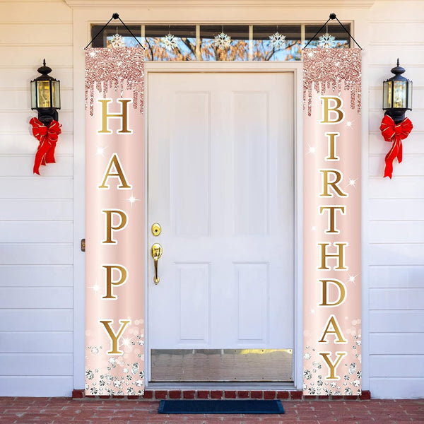 Pink Rose Gold Happy Birthday Door Banner Decorations, Birthday Party Porch Sign Supplies for Women Girls, Sweet 16th