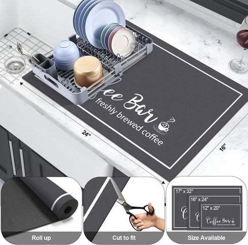 Dish Drying Mat 16"x24", Absorbent Coffee Bar Mat for Kitchen Counter with Coffee Cup Pattern