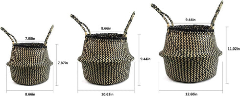 Woven Seagrass Belly Basket for Storage Plant Pot Basket and Laundry, Picnic and Grocery Basket (Medium, black strips) by BlueMake