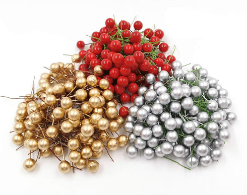 Artificial Holly Berries, 10 mm Fake Berries on Wire for Christmas Tree Decorations, 300 Pieces (Red+Gold+Silver)