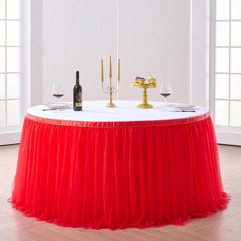 Suppromo 9ft Red Tulle Table Skirts for Rectangle or Round Tables, Tutu Cloth for Party Decorations