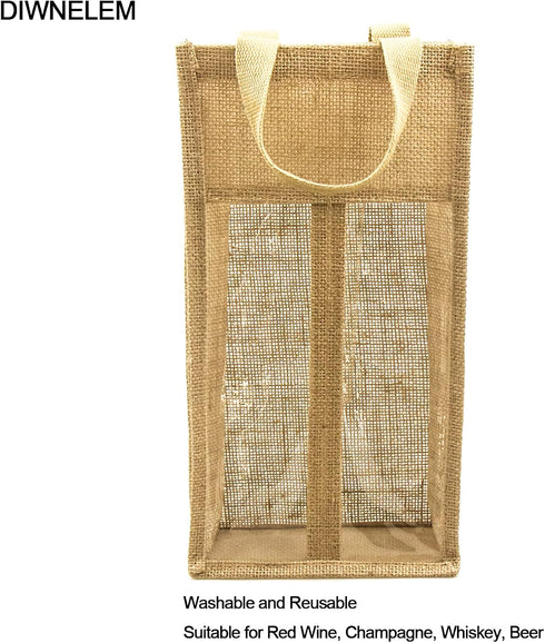 DIWNELEM 1 Pack Burlap Wine Gift Bags, Double Window Two Bottles Jute Bag for Wedding, Party Favors, Christmas
