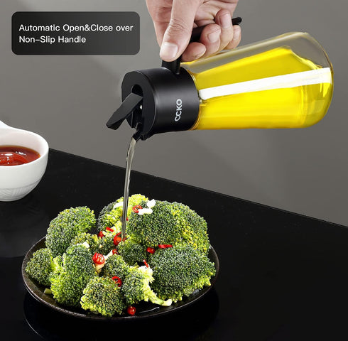 CCKO 19oz Glass Olive Oil Dispenser Bottle, Auto Flip Spout, No Drip Cooking Oil Dispenser for Soy Sauce, Vinegar