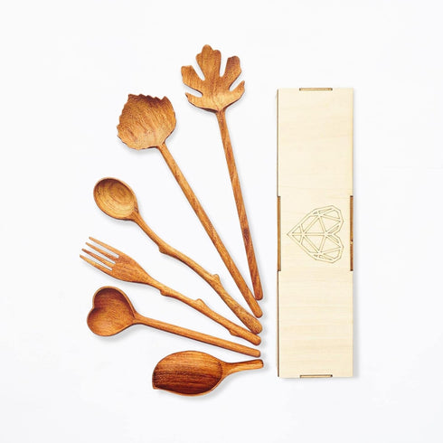 Natural Wooden Spoons and Forks Set (Set of 6) - Handmade Cooking Gift Ideas for Women, Mother's Day, Kitchen