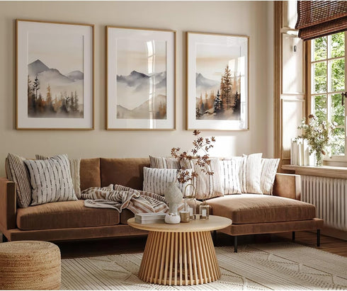 Neutral Mountain Wall Art Decor, Set of 3 Forest Canvas Posters for Living Room Bedroom (12x16 Inch Unframed)