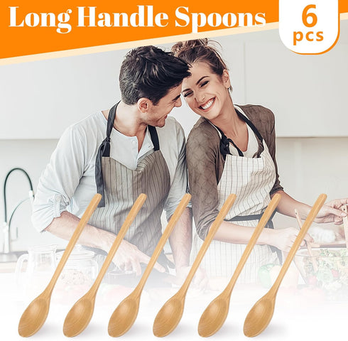 Wooden Spoons 6PCS, 9 Inch Long Handle Spoon for Eating, Mixing, Stirring, Japanese Style Home Kitchen Cooking
