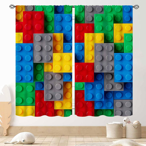 Building Blocks Blackout Curtains, 2 Panel, Colorful Geometric Brick Constructor Toy Curtains for Bedroom Playroom