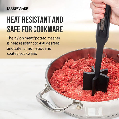 FARBERWARE Nylon Meat & Potato Masher, Heat-Resistant Kitchen Tool, 10-Inch Durable with Ergonomic Handle, Black