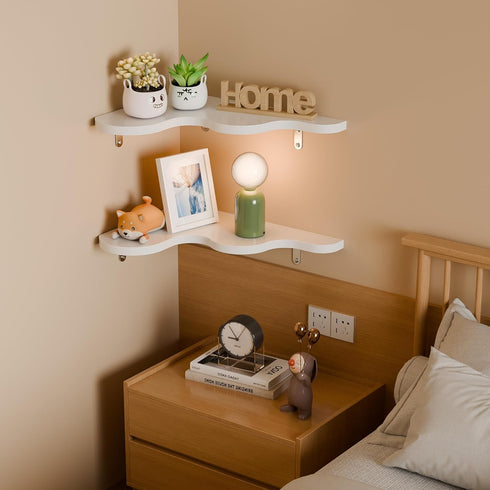 Set 2 90-Degree Cute Cloud Corner Shelves - of White Wooden Floating Corner Shelves Wall Mounted, Space-Saving Nursery