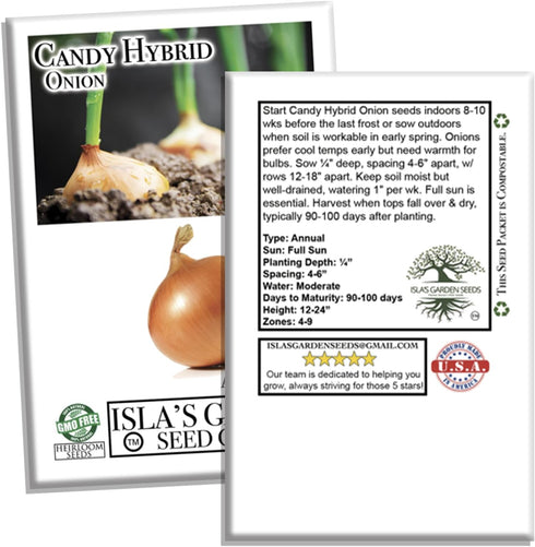 50+ Candy Hybrid Onion Seeds (Allium cepa) Non-GMO Seeds by Islas Garden Seeds, Sweet & Mild Variety, Ideal for Fresh